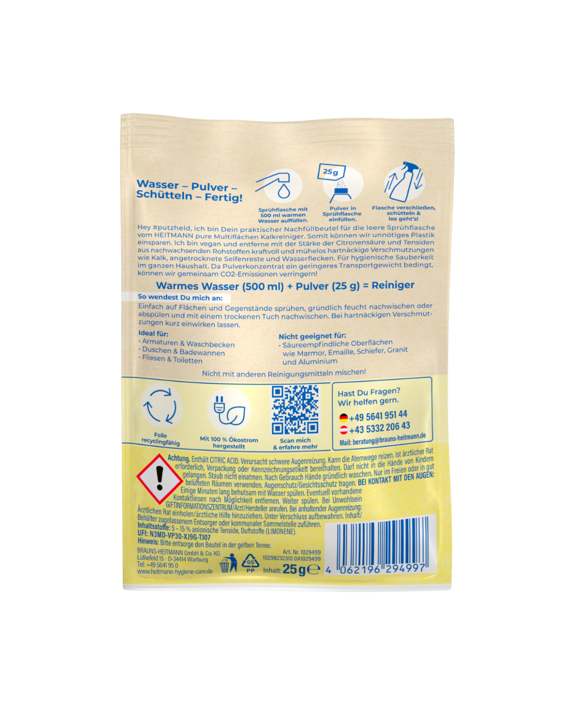 HEITMANN pure Multiflächen Kalkreiniger 25 g - Nachfüllbeutel